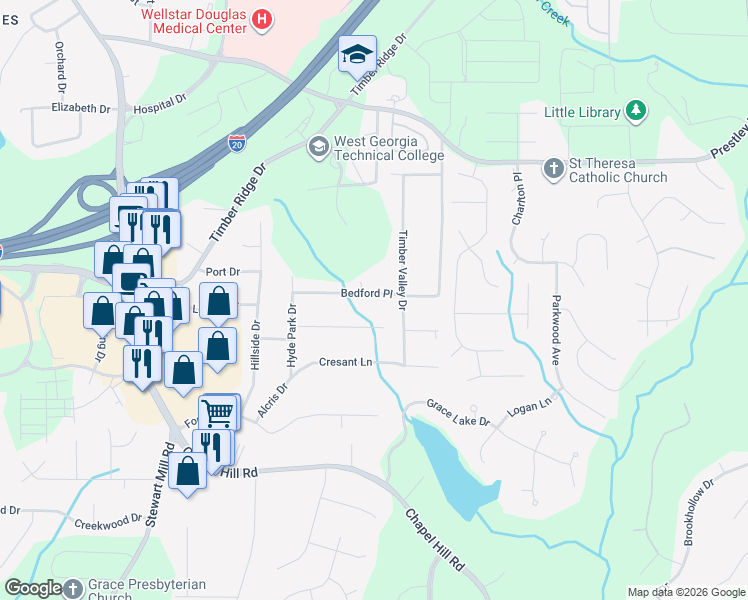 map of restaurants, bars, coffee shops, grocery stores, and more near 4616 Bedford Place in Douglasville