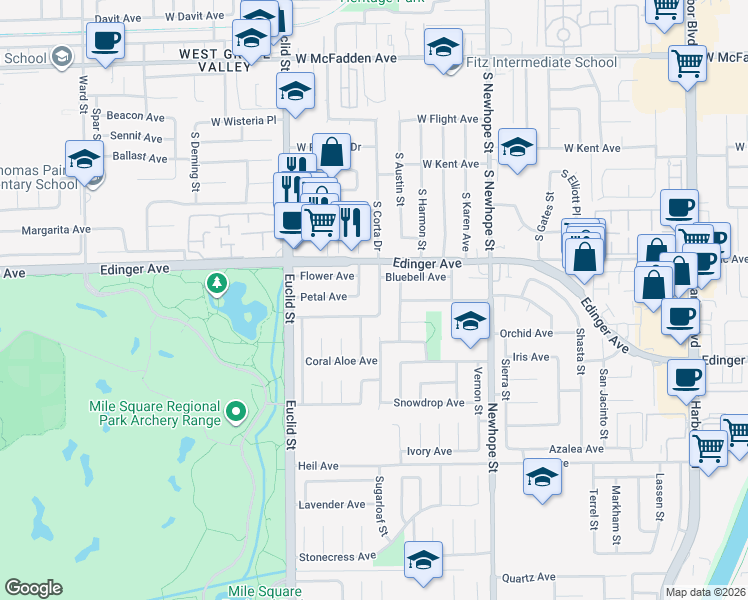 map of restaurants, bars, coffee shops, grocery stores, and more near 16095 Mount Hicks Street in Fountain Valley