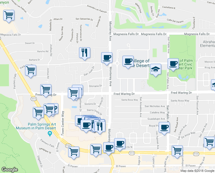 map of restaurants, bars, coffee shops, grocery stores, and more near 43925 Monterey Avenue in Palm Desert