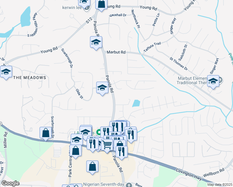 map of restaurants, bars, coffee shops, grocery stores, and more near 2094 Panola Road in Lithonia