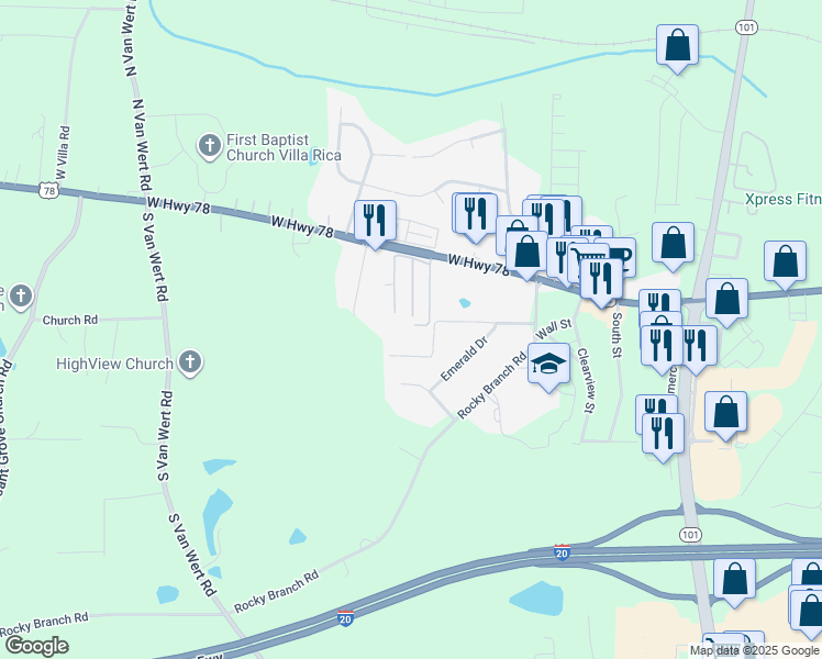 map of restaurants, bars, coffee shops, grocery stores, and more near 1050 U.S. 78 in Villa Rica