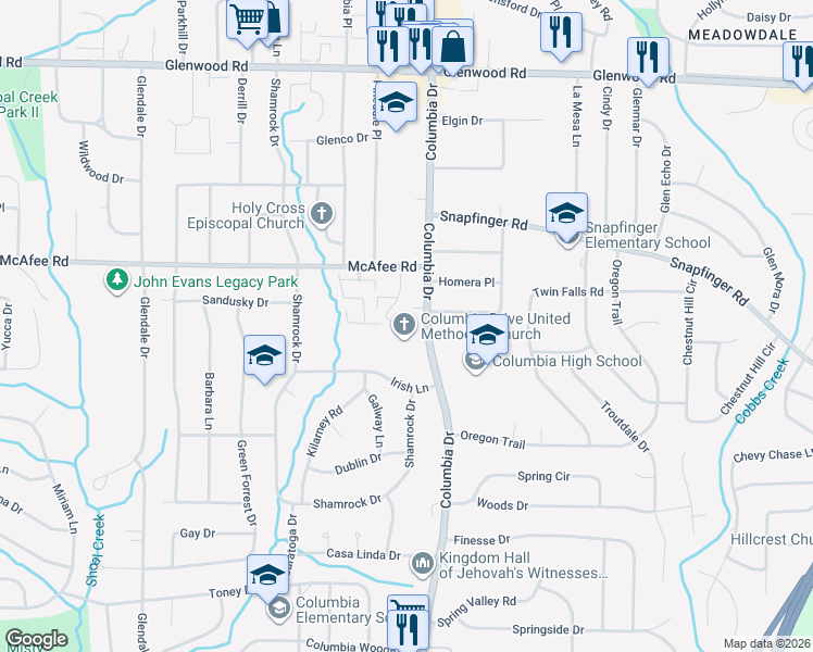 map of restaurants, bars, coffee shops, grocery stores, and more near 2067 Columbia Drive in Decatur