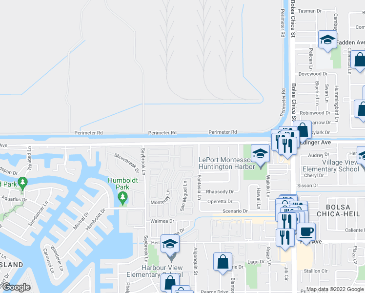 map of restaurants, bars, coffee shops, grocery stores, and more near Alderport Drive in Huntington Beach