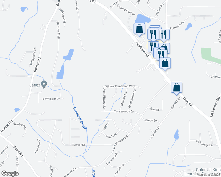 map of restaurants, bars, coffee shops, grocery stores, and more near 3043 Wilkes Plantation Way in Douglasville