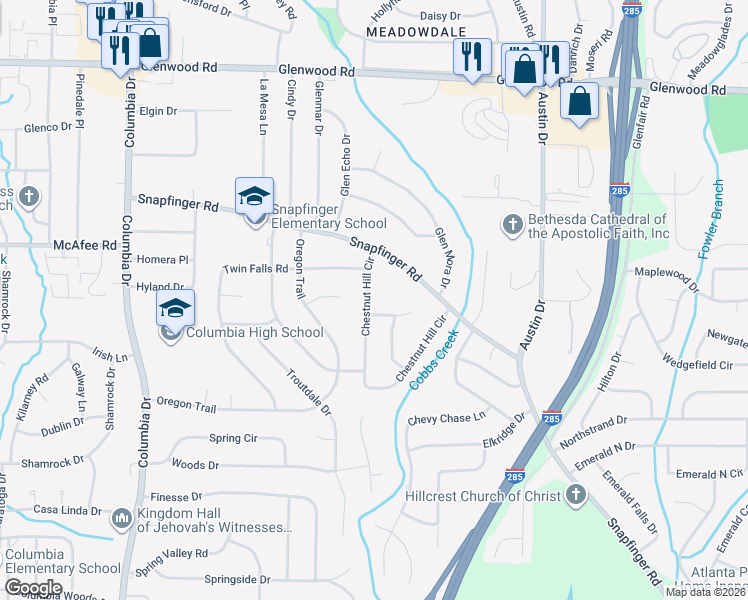 map of restaurants, bars, coffee shops, grocery stores, and more near 3622 Broadview Court in Decatur
