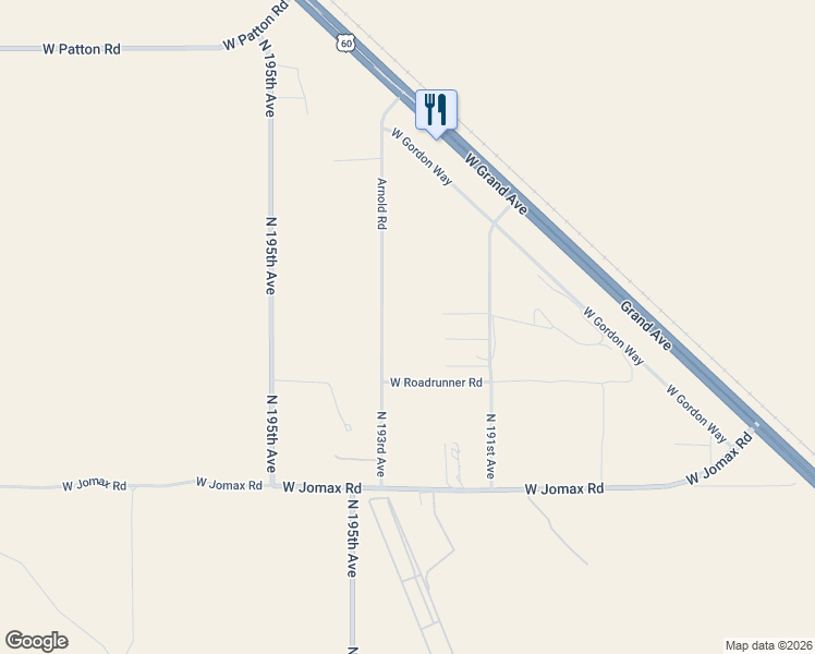 map of restaurants, bars, coffee shops, grocery stores, and more near 19300 West Roadrunner Road in Wittmann