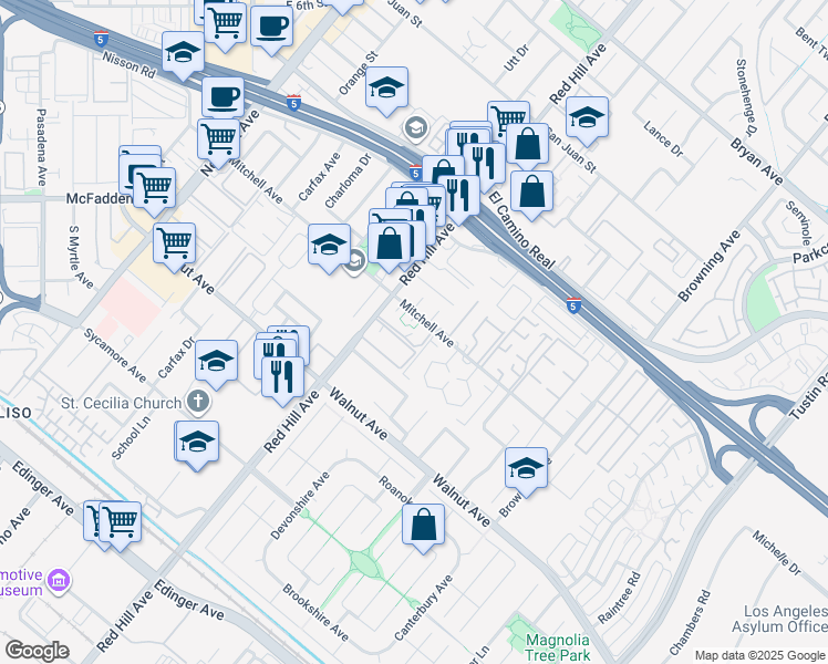 map of restaurants, bars, coffee shops, grocery stores, and more near 1582 Mitchell Avenue in Tustin