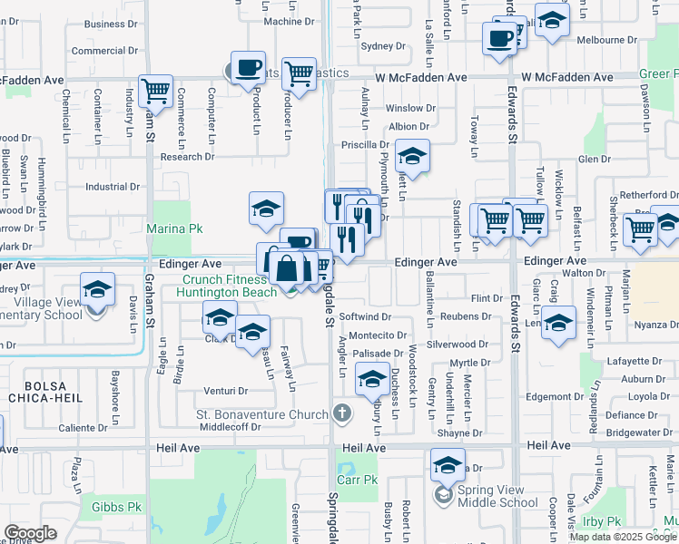 map of restaurants, bars, coffee shops, grocery stores, and more near 16072 Springdale Street in Huntington Beach