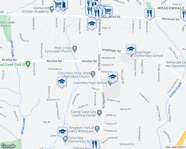 map of restaurants, bars, coffee shops, grocery stores, and more near 2080 Oak Park Lane in Decatur
