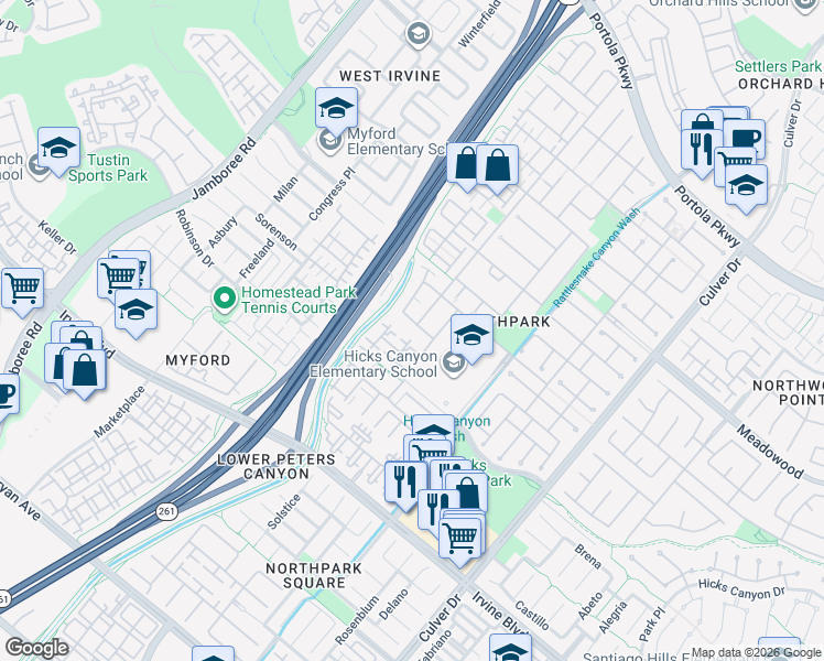 map of restaurants, bars, coffee shops, grocery stores, and more near 8 San Clemente in Irvine