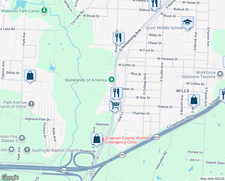 map of restaurants, bars, coffee shops, grocery stores, and more near 2811 Woodlawn Boulevard in Denison