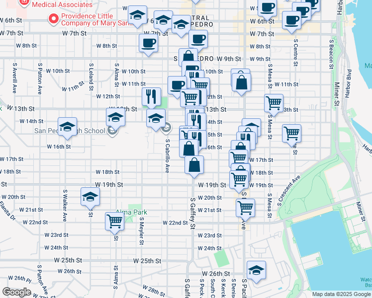 map of restaurants, bars, coffee shops, grocery stores, and more near 724 West 17th Street in Los Angeles