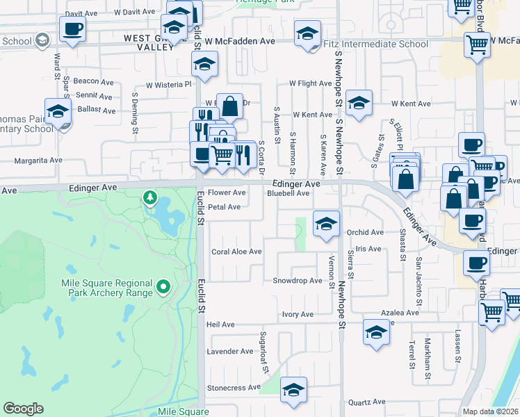 map of restaurants, bars, coffee shops, grocery stores, and more near 16095 Mount Hicks Street in Fountain Valley