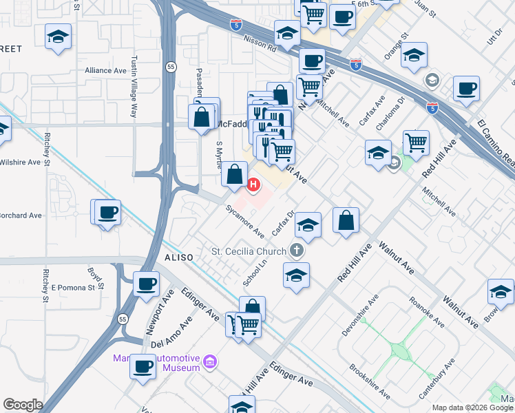 map of restaurants, bars, coffee shops, grocery stores, and more near 14691 Del Amo Avenue in Tustin