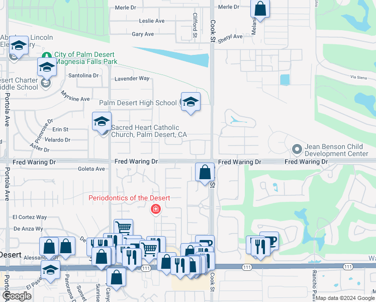 map of restaurants, bars, coffee shops, grocery stores, and more near 43915 San Ysidro Circle in Palm Desert