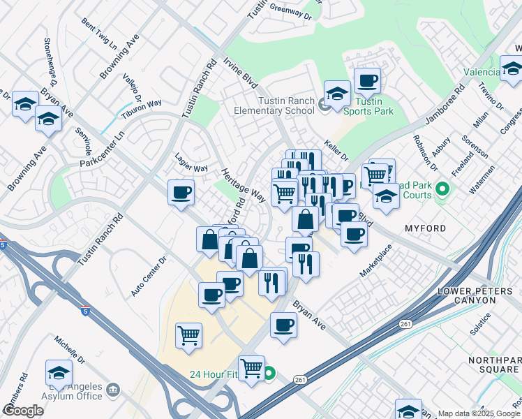 map of restaurants, bars, coffee shops, grocery stores, and more near 13385 Savanna in Tustin
