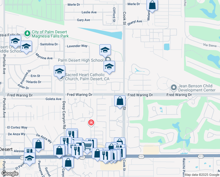 map of restaurants, bars, coffee shops, grocery stores, and more near 43915 San Ysidro Circle in Palm Desert