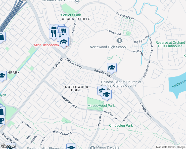 map of restaurants, bars, coffee shops, grocery stores, and more near 71 Turnbury Lane in Irvine