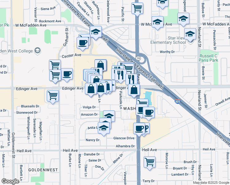 map of restaurants, bars, coffee shops, grocery stores, and more near 7800 Edinger Avenue in Huntington Beach