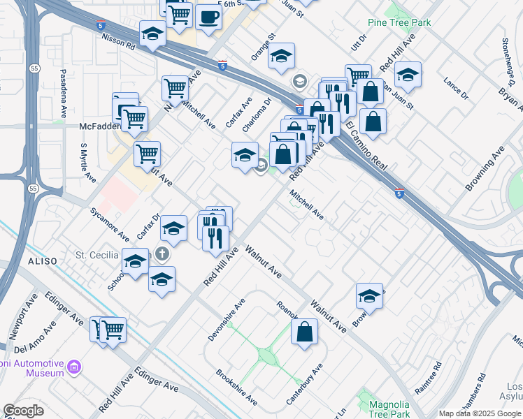 map of restaurants, bars, coffee shops, grocery stores, and more near 1541 Copperfield Drive in Tustin