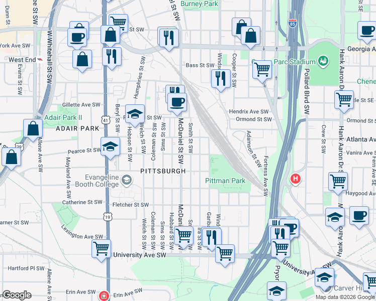 map of restaurants, bars, coffee shops, grocery stores, and more near 925 Smith Street Southwest in Atlanta