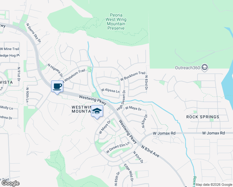 map of restaurants, bars, coffee shops, grocery stores, and more near 8439 West Alyssa Lane in Peoria