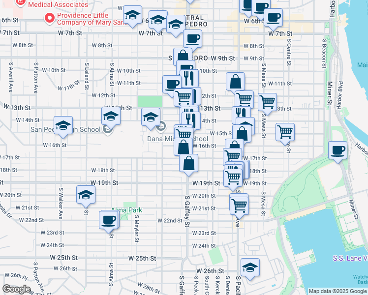 map of restaurants, bars, coffee shops, grocery stores, and more near 724 West 17th Street in Los Angeles