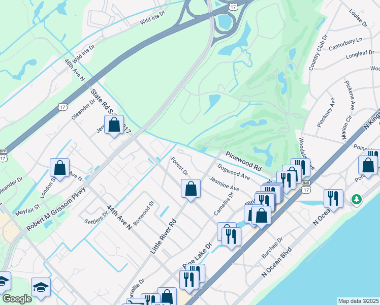 map of restaurants, bars, coffee shops, grocery stores, and more near 5001 Little River Road in Myrtle Beach