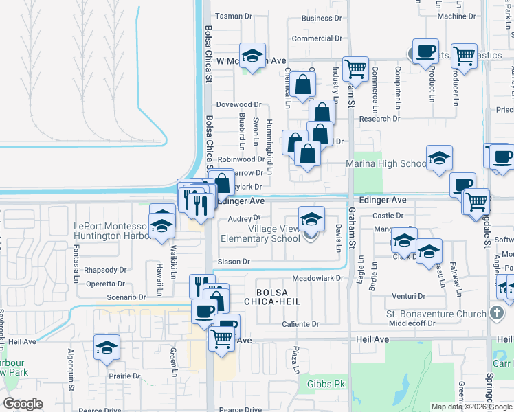 map of restaurants, bars, coffee shops, grocery stores, and more near 5162 Edinger Avenue in Huntington Beach