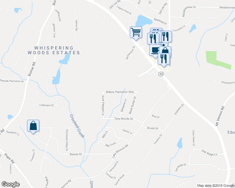 map of restaurants, bars, coffee shops, grocery stores, and more near 2788 Scarlett Ohara Court in Douglasville