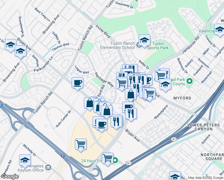 map of restaurants, bars, coffee shops, grocery stores, and more near 13385 Savanna in Tustin