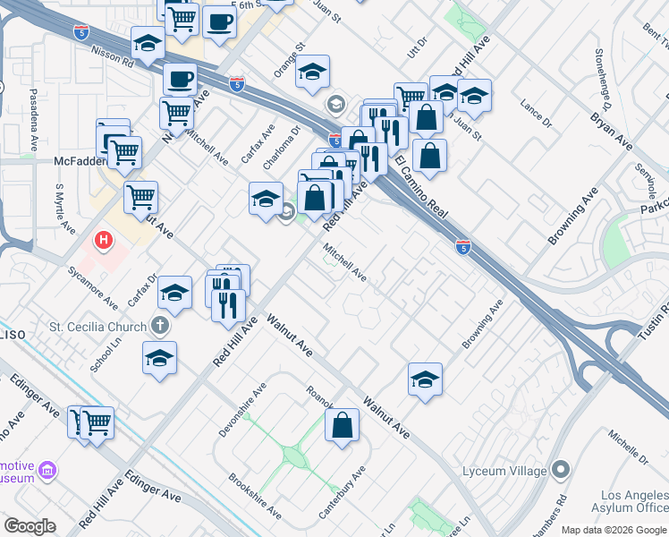 map of restaurants, bars, coffee shops, grocery stores, and more near 1596 Mitchell Avenue in Tustin