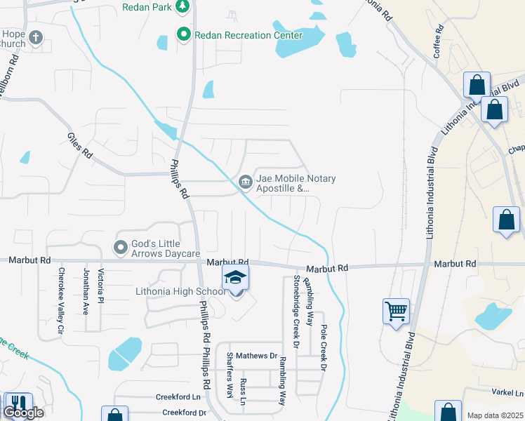 map of restaurants, bars, coffee shops, grocery stores, and more near 2035 Marbut Trce in Lithonia
