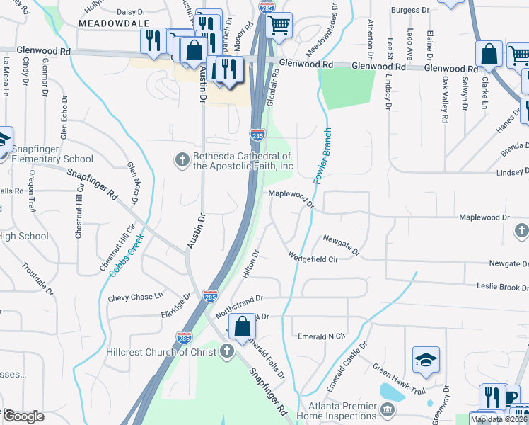 map of restaurants, bars, coffee shops, grocery stores, and more near 3851 Wedgefield Circle in Decatur