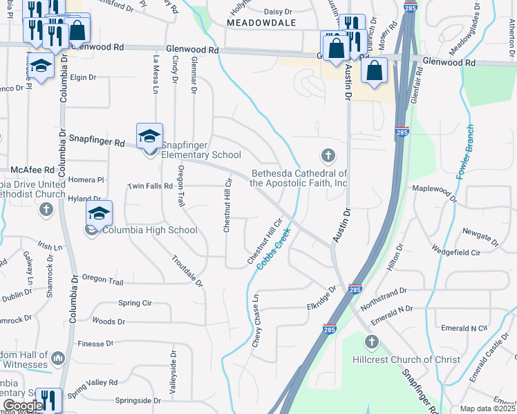 map of restaurants, bars, coffee shops, grocery stores, and more near 3664 Broadview Court in Decatur