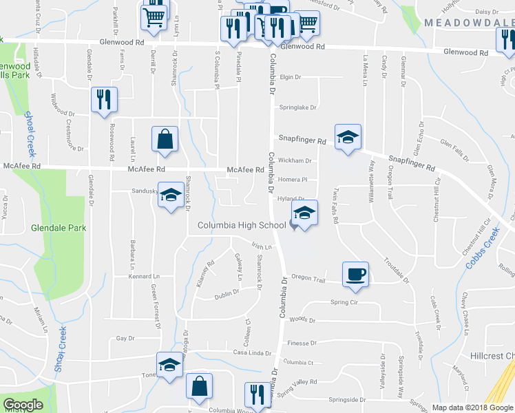 map of restaurants, bars, coffee shops, grocery stores, and more near 2074 Oak Park Lane in Decatur