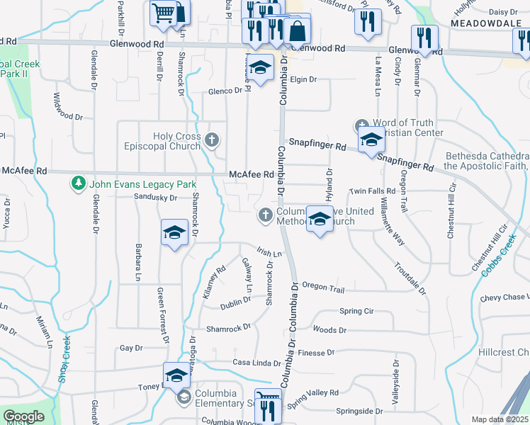 map of restaurants, bars, coffee shops, grocery stores, and more near 2067 Columbia Drive in Decatur