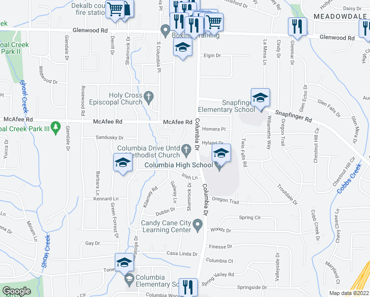 map of restaurants, bars, coffee shops, grocery stores, and more near 2067 Columbia Drive in Decatur