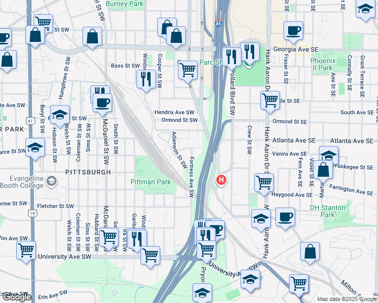 map of restaurants, bars, coffee shops, grocery stores, and more near 943 Fortress Avenue Southwest in Atlanta