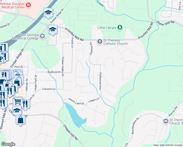 map of restaurants, bars, coffee shops, grocery stores, and more near 1825 Dover Court in Douglasville