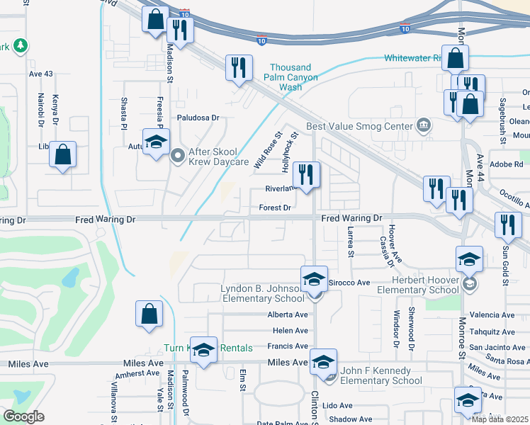 map of restaurants, bars, coffee shops, grocery stores, and more near 81347 Forest Drive in Indio