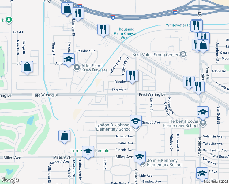 map of restaurants, bars, coffee shops, grocery stores, and more near 81347 Forest Drive in Indio