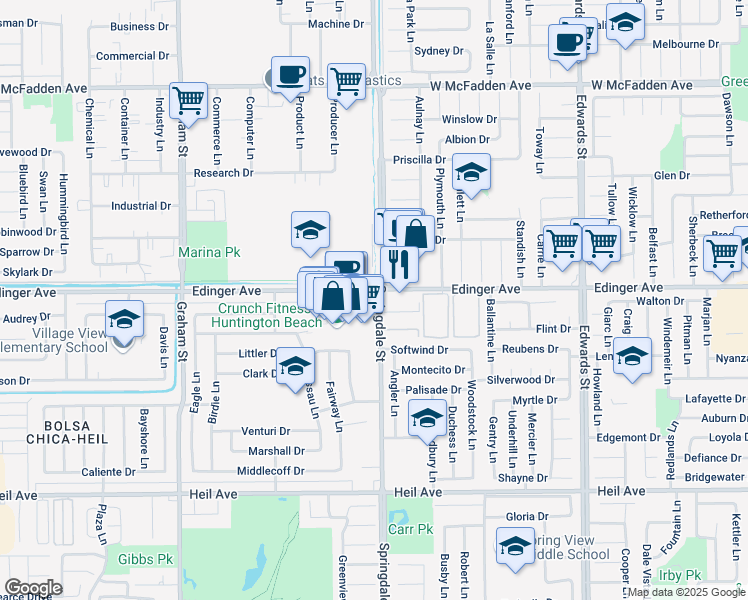 map of restaurants, bars, coffee shops, grocery stores, and more near 16072 Springdale Street in Huntington Beach