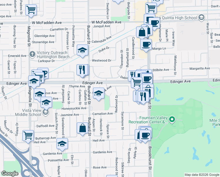 map of restaurants, bars, coffee shops, grocery stores, and more near 9672 Shamrock Avenue in Fountain Valley