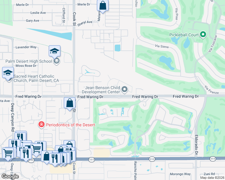 map of restaurants, bars, coffee shops, grocery stores, and more near 75349 Kelsey Circle South in Palm Desert