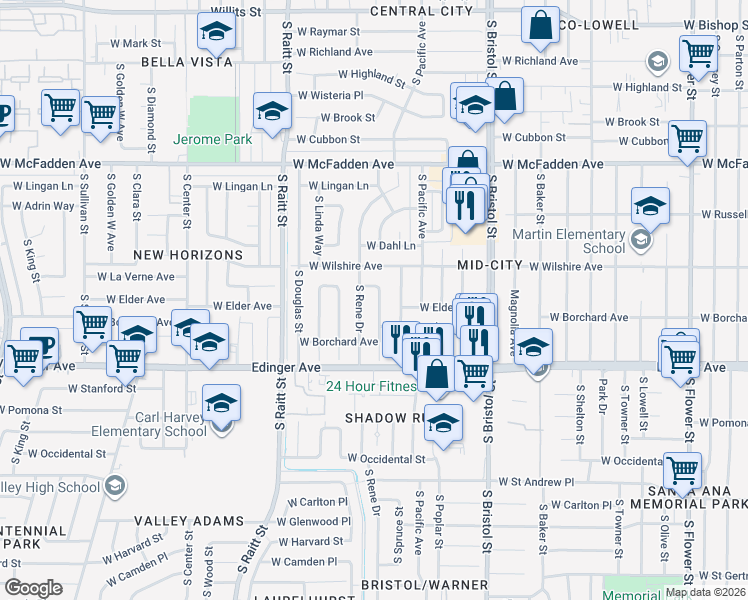 map of restaurants, bars, coffee shops, grocery stores, and more near 1339 South Rita Way in Santa Ana