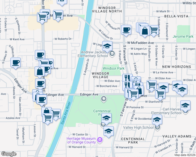 map of restaurants, bars, coffee shops, grocery stores, and more near 3028 West Elder Avenue in Santa Ana
