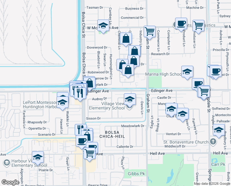 map of restaurants, bars, coffee shops, grocery stores, and more near 5292 Hendricksen Drive in Huntington Beach