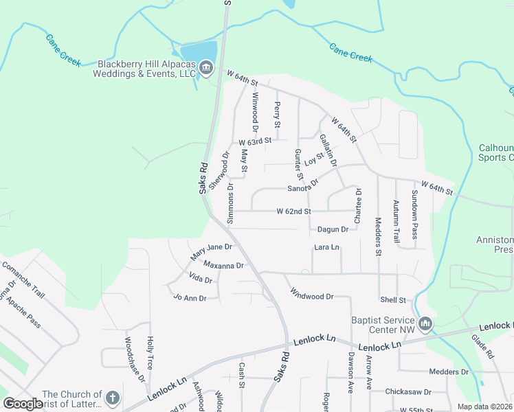 map of restaurants, bars, coffee shops, grocery stores, and more near 806 West 62nd Street in Anniston