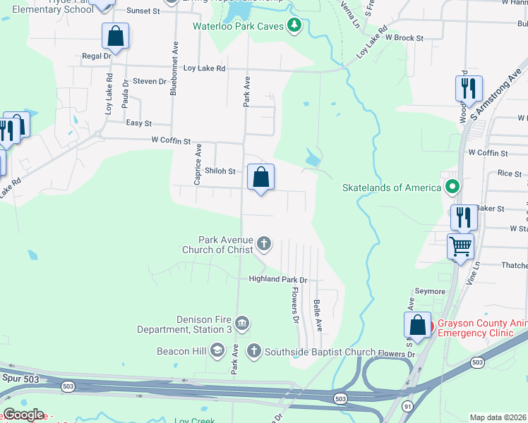 map of restaurants, bars, coffee shops, grocery stores, and more near 2030 Park Ridge in Denison